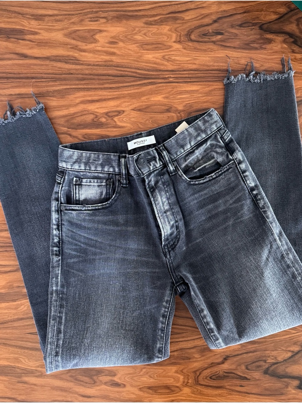 Moussy Washed Black Slim Straight Frayed Leg Jeans